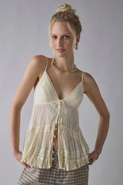 Kimchi Blue Tara Embroidered Cotton Babydoll Cami In Light Yellow, Women's At Urban Outfitters In Yellow