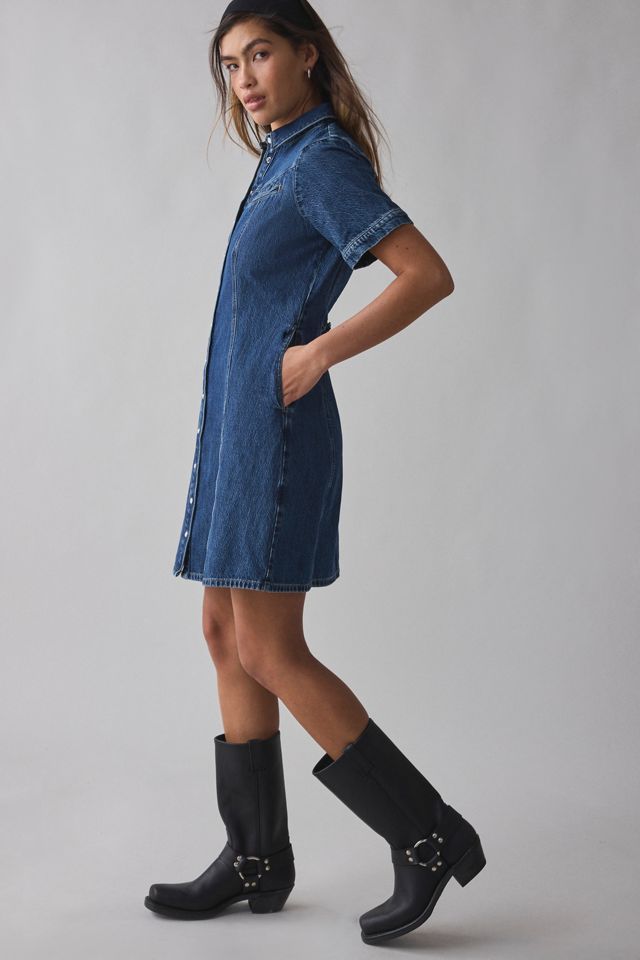 white christmas dresses Medium Denim Button Down Waist Tie Mini Dress