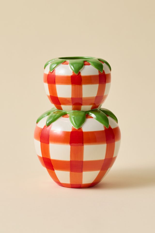 Stacked Strawberry Gingham Ceramic Vase #1