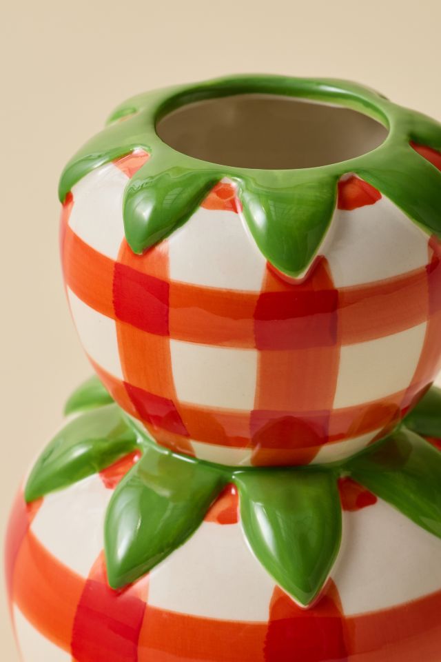 Stacked Strawberry Gingham Ceramic Vase #2