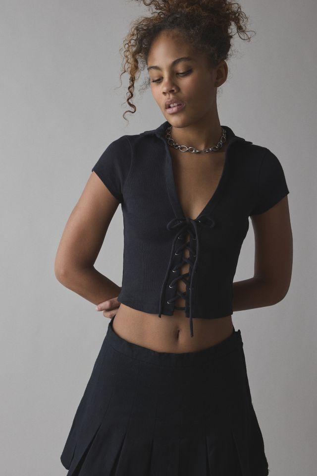 Silence + Noise Caz Lace-Up Collared Top #3