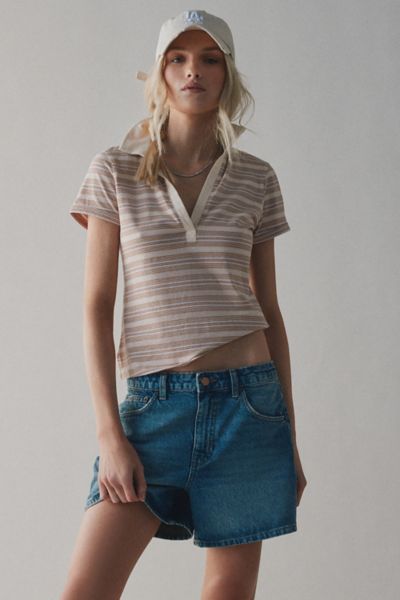 BDG FAYE CROPPED POLO TEE IN NEUTRAL STRIPE, WOMEN'S AT URBAN OUTFITTERS 