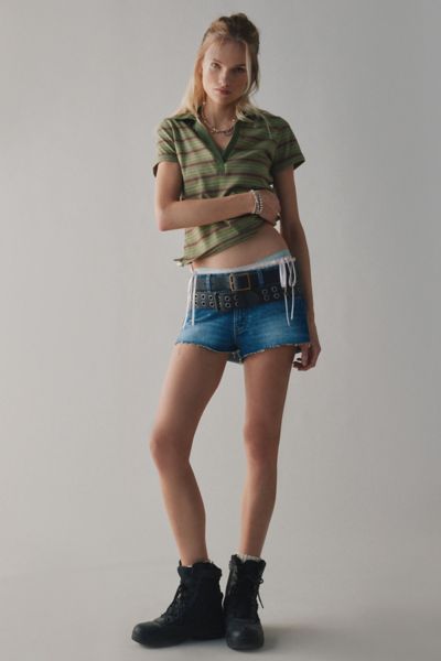 BDG FAYE CROPPED POLO TEE IN GREEN STRIPE, WOMEN'S AT URBAN OUTFITTERS 