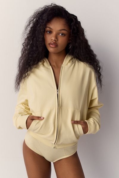 HANES UO EXCLUSIVE FLEECE ZIP-UP HOODIE SWEATSHIRT IN LIGHT YELLOW, WOMEN'S AT URBAN OUTFITTERS 