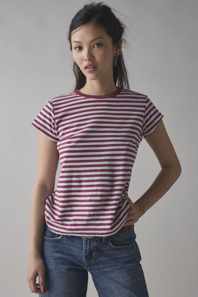 BDG SPILL THE SHORT SLEEVE TEE IN MAROON STRIPE, WOMEN'S AT URBAN OUTFITTERS 