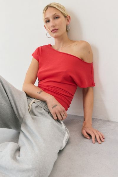 Out From Under Off-the-shoulder Banded Hem Tee In Red, Women's At Urban Outfitters