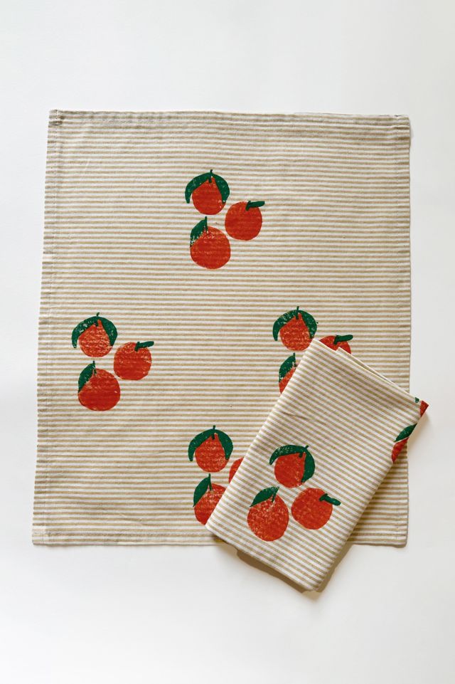 Julie Peach Block Printed Tangerine Stripe Napkin Set #1