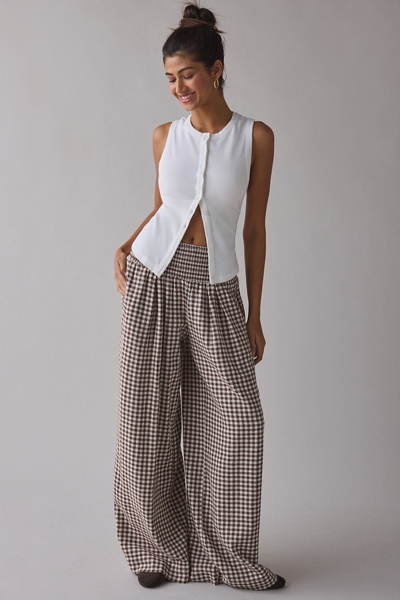 Kimchi Blue Caroline Smocked Wide Leg Linen-blend Pant In Brown Gingham, Women's At Urban Outfitters