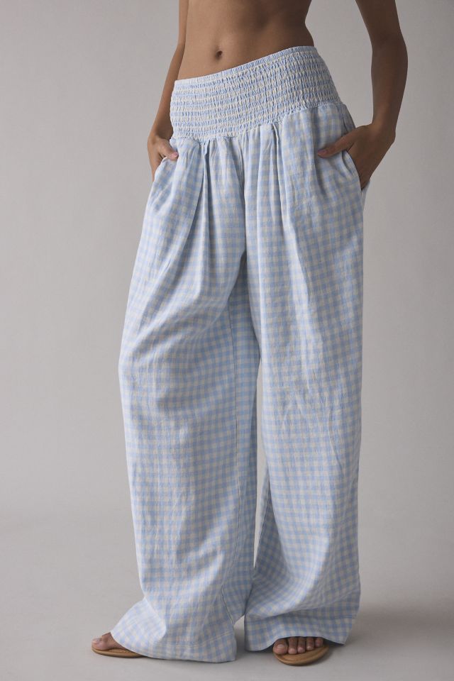 Pantalon Évasé en Mélange de Lin Froncé Caroline Kimchi Blue #1