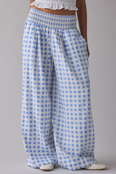 Kimchi Blue Caroline Smocked Wide Leg Linen-blend Pant In Heart Gingham, Women's At Urban Outfitters