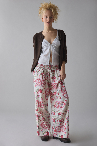 Kimchi Blue Caroline Smocked Wide Leg Linen-blend Pant In Cabbage Rose, Women's At Urban Outfitters