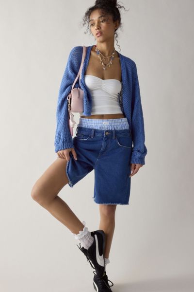 BDG TORI MID-RISE CUTOFF JORT IN VINTAGE DENIM DARK, WOMEN'S AT URBAN OUTFITTERS 