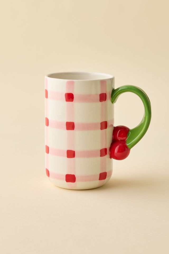 Gingham Pattern Cherry Handle Ceramic Mug #1
