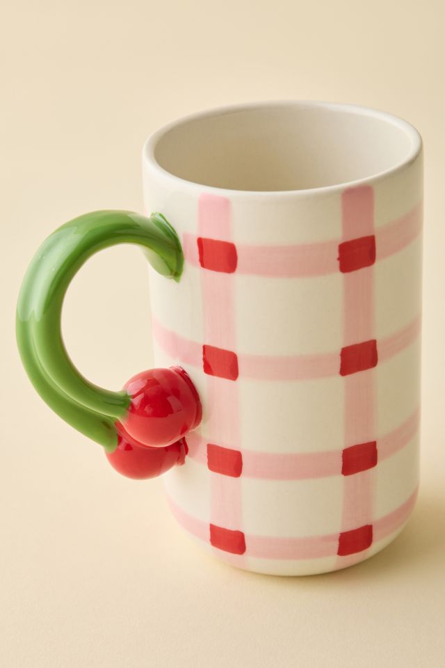 Gingham Pattern Cherry Handle Ceramic Mug #2