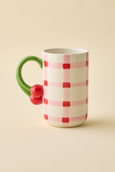 Tasse en Céramique à Motif Vichy avec Poignée en Forme de Cerise