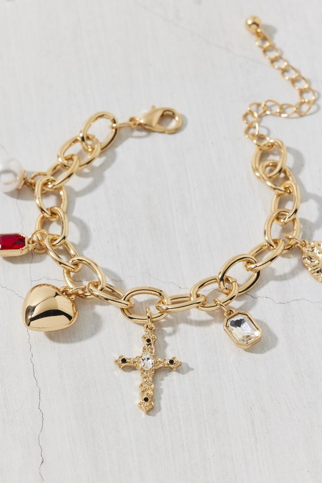 Scarlet Rhinestones And Pearl Chain Charm Bracelet #1