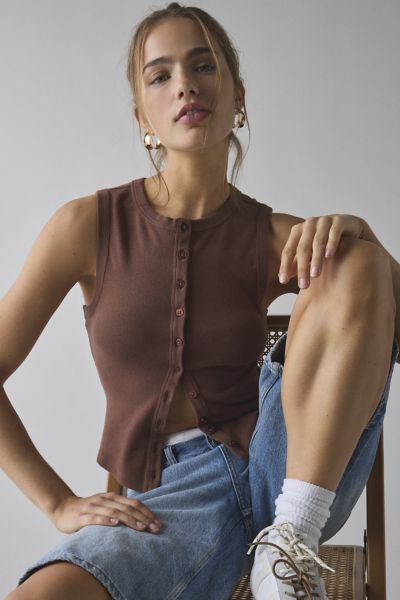 Bdg Gigi Knit Button-down Tank Top In Brown, Women's At Urban Outfitters