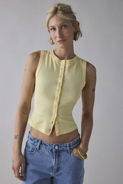 BDG GIGI KNIT BUTTON-DOWN TANK TOP IN BUTTER YELLOW, WOMEN'S AT URBAN OUTFITTERS 