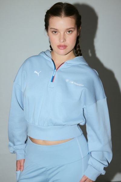 PUMA X BMW M MOTORSPORT ESSENTIALS+ HALF-ZIP HOODIE SWEATSHIRT IN BLUE WASH, WOMEN'S AT URBAN OUTFITTERS 