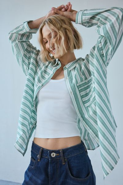 BDG ALEX BREEZY COTTON OVERSIZED BUTTON-DOWN SHIRT IN GREEN/WHITE STRIPE, WOMEN'S AT URBAN OUTFITTERS 