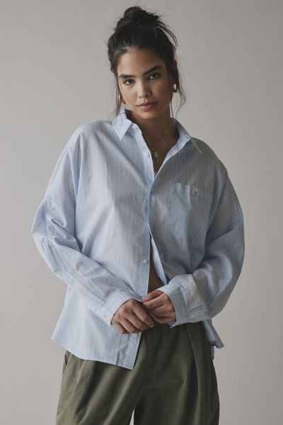 BDG ALEX BREEZY COTTON OVERSIZED BUTTON-DOWN SHIRT IN BLUE/WHITE STRIPE, WOMEN'S AT URBAN OUTFITTERS 