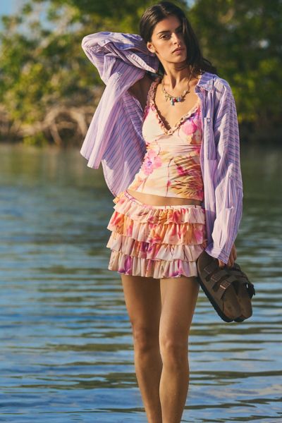 BDG ALEX BREEZY COTTON OVERSIZED BUTTON-DOWN SHIRT IN BLUE/PINK STRIPE, WOMEN'S AT URBAN OUTFITTERS 
