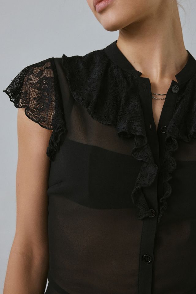 Motel Lada Lace-Trim Chiffon Button-Down Blouse #1
