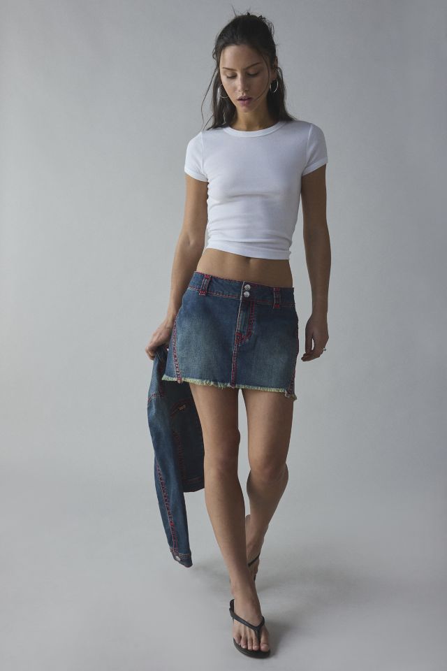 True Religion Twisted Seam Super T Flap Denim Mini Skirt