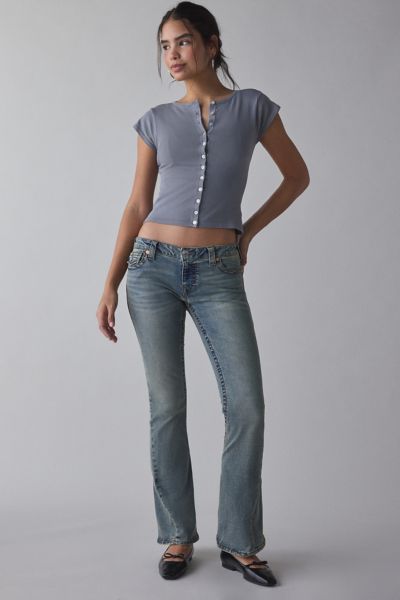 TRUE RELIGION TRUE RELIGION JOEY LOW-RISE FLAP FLARE JEAN IN DENIM MEDIUM BLUE, WOMEN'S AT URBAN OUTFITTERS 