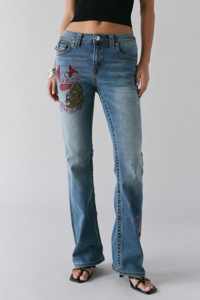 TRUE RELIGION TRUE RELIGION TATTOO CRYSTAL BECCA MID-RISE BOOTCUT JEAN IN DENIM MEDIUM BLUE, WOMEN'S AT URBAN OUTF 