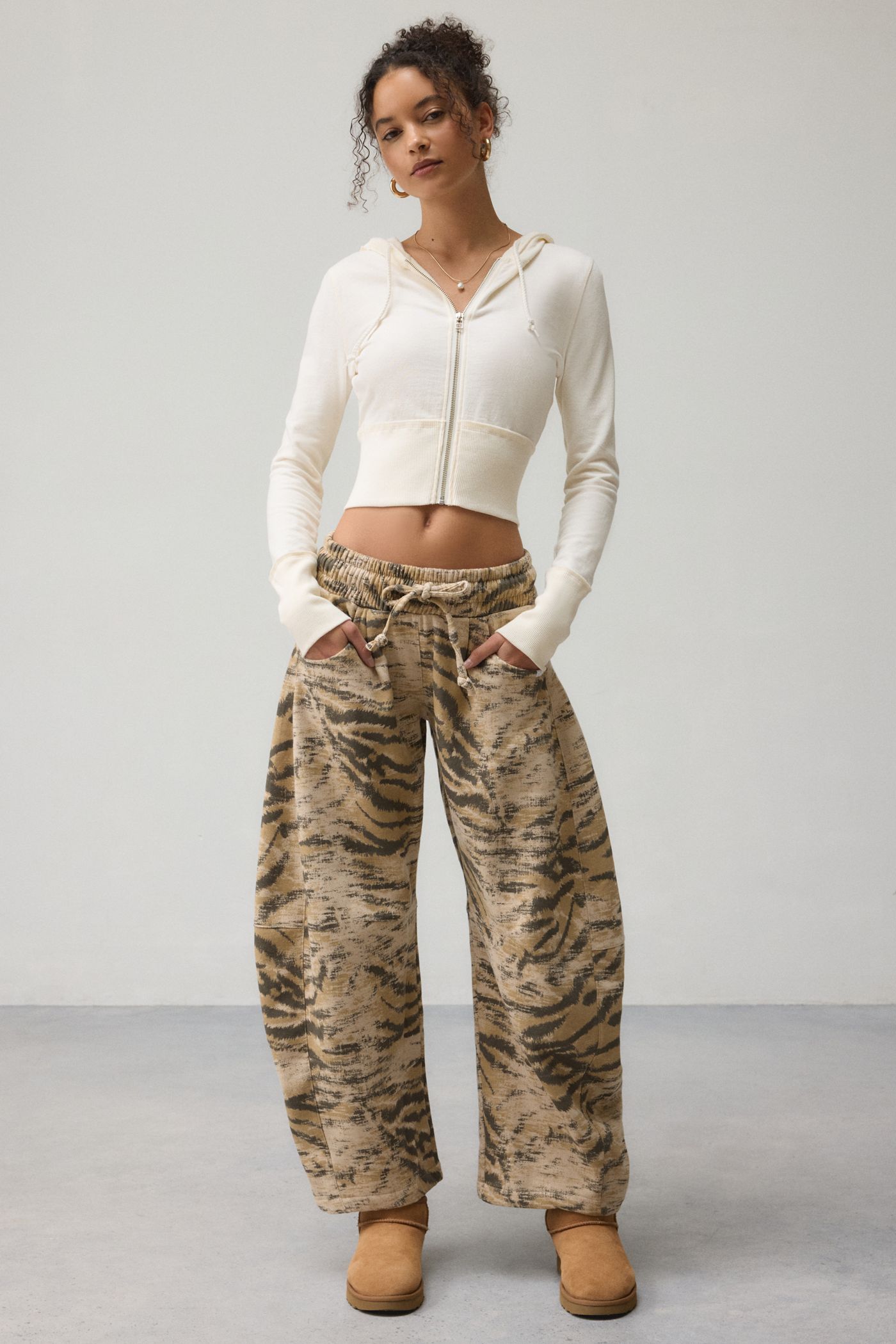 Barrel Pants Bite Back flatlay with Out From Under Essential Barrel Leg Full Length Sweatpants, Out From Under Diana Layering Lace-Trim Henley Top, UGG Women's Classic Ultra Mini Platform Boots