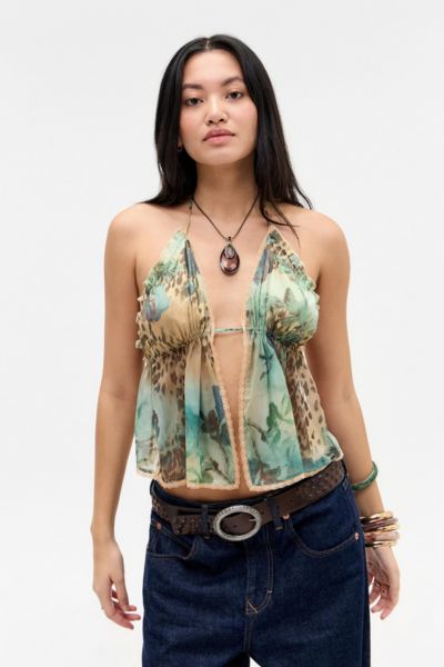 OUT FROM UNDER LEOPARD OPEN FRONT CHIFFON CAMI IN BLUE, WOMEN'S AT URBAN OUTFITTERS 