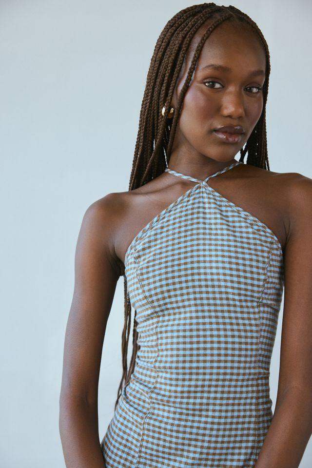 UO Riley Y-Neck Linen-Blend Gingham Mini Dress #2