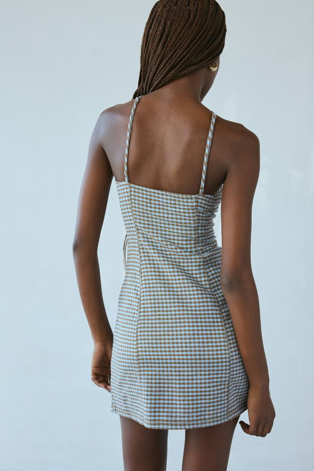 UO Riley Y-Neck Linen-Blend Gingham Mini Dress #3