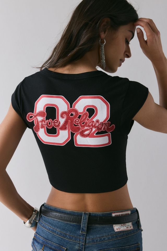 True Religion Crystal Logo Graphic Notch Cap Sleeve Baby Tee #1