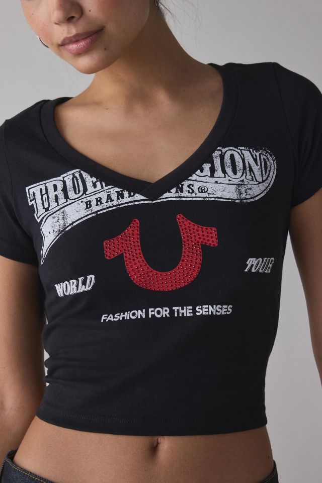 True Religion Horseshoe Crystal Graphic V-Neck Baby Tee #1