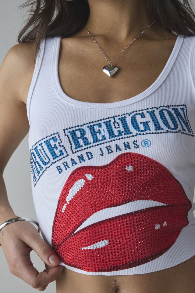 True Religion Crystal Lips Raw Hem Crop Tank Top #1