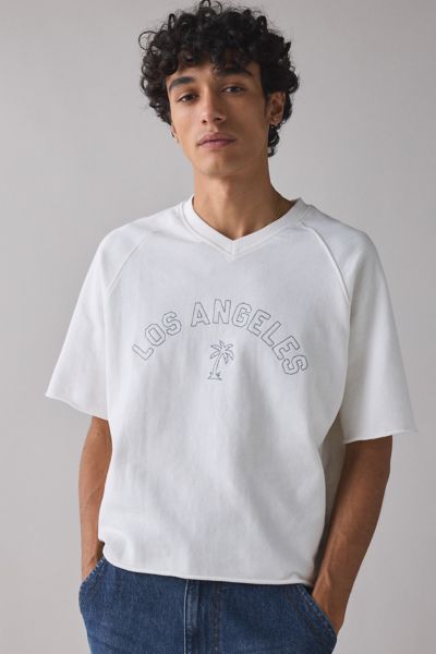 Bdg Perry Embroidered Cropped Raglan Short Sleeve Sweatshirt In White, Men's At Urban Outfitters