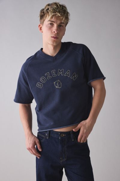 BDG PERRY EMBROIDERED CROPPED RAGLAN SHORT SLEEVE SWEATSHIRT IN NAVY, MEN'S AT URBAN OUTFITTERS 