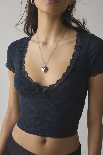Shop Out From Under Bella Seamless Knit Lace Trim Crop Tee In Black, Women's At Urban Outfitters