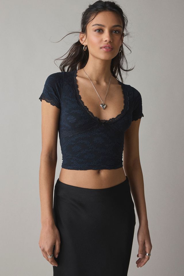 Out From Under Bella Seamless Knit Lace Trim Crop Tee