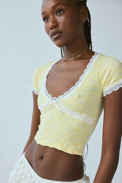 Shop Out From Under Bella Seamless Knit Lace Trim Crop Tee In Yellow, Women's At Urban Outfitters
