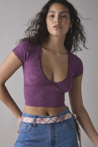 Out From Under Bella Seamless Knit Lace Trim Crop Tee In Deep Purple, Women's At Urban Outfitters In Deep Purple