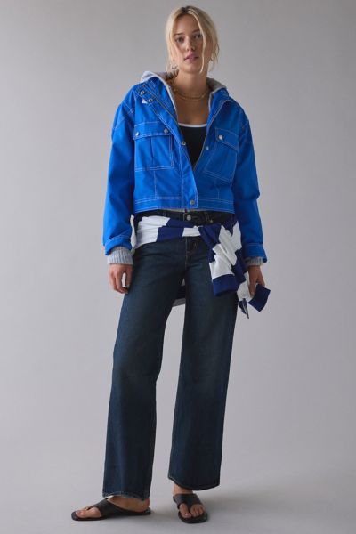 BDG CLARENCE NYLON UTILITY MOTO JACKET IN BLUE, WOMEN'S AT URBAN OUTFITTERS 