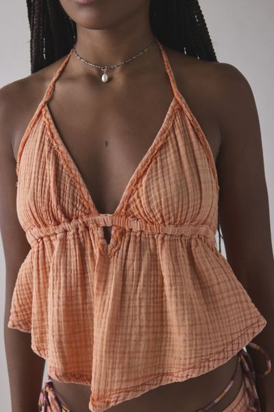 Shop Out From Under Ocean Air Gauze Halter Babydoll Cami In Orange, Women's At Urban Outfitters