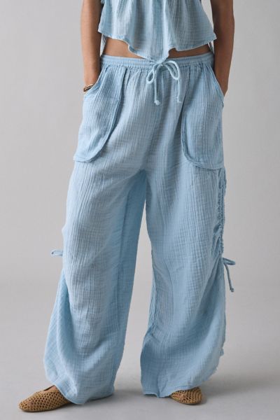 Shop Out From Under Ocean Air Cinched Wide-leg Gauze Pant In Sky, Women's At Urban Outfitters