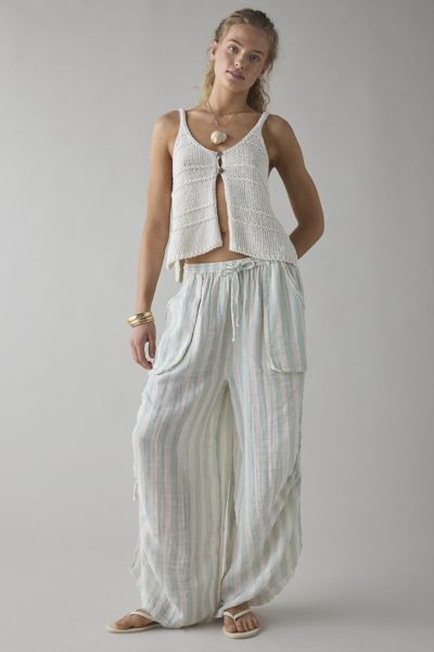 OUT FROM UNDER OCEAN AIR CINCHED WIDE-LEG GAUZE PANT IN BLUE STRIPE, WOMEN'S AT URBAN OUTFITTERS 