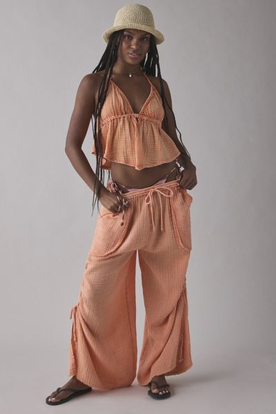 Shop Out From Under Ocean Air Cinched Wide-leg Gauze Pant In Orange, Women's At Urban Outfitters