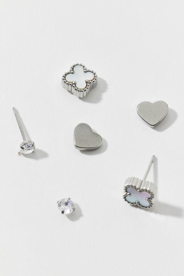 Waterproof Heart And Clover Stud Earring Set