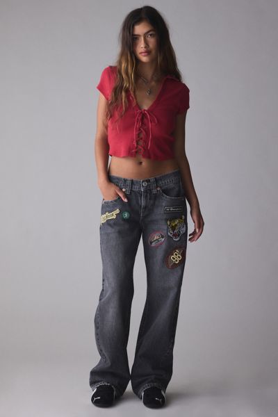 BDG KAYLA PATCHED LOW-RISE JEAN IN BLACK PATCH, WOMEN'S AT URBAN OUTFITTERS 
